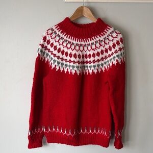 Handmade Nordic Fair Isle Sweater Red Wool Knit L/XL Cozy